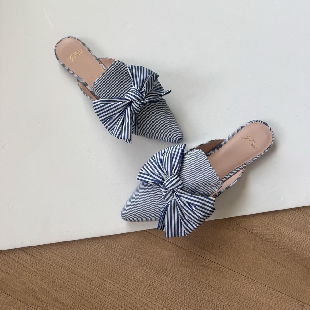 JCREW Blue and White Stripe Mule 9.5 Slides Bows Minimalist Summer Preppy